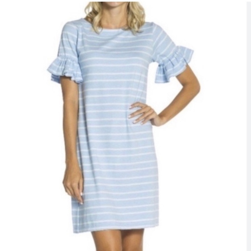 Sail to Sable Blue White Striped Ruffle Sleeve Shift Dress